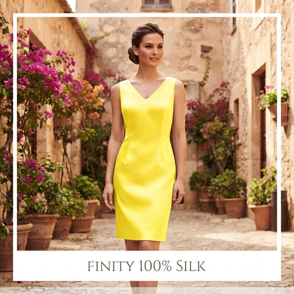 Finity Womens Size 8 Yellow 100% Silk V-Neck Sleeveless Sheath Cocktail Dress